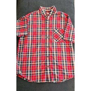 Mens Shirt Woolrich Large Red Blue White Yellow Plaid Cotton Short Sleeve